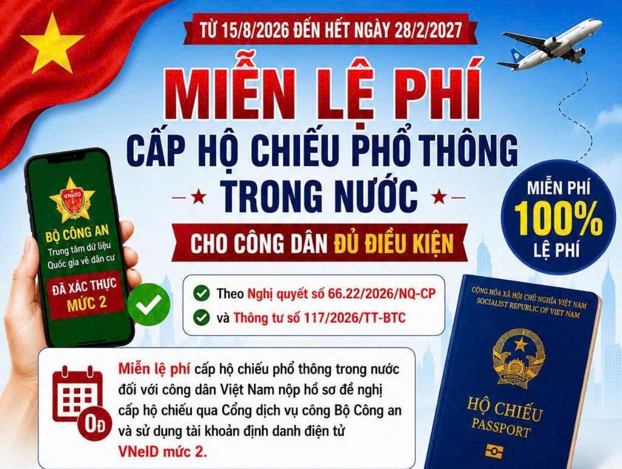 Miễn, giảm lệ phí cấp hộ chiếu trực tuyến qua VNeID từ ngày 15/8/2026